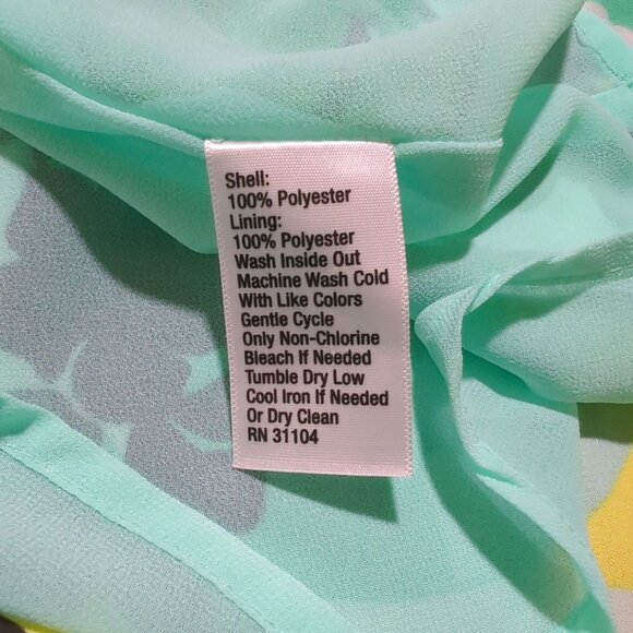 KAARI Blue V-Neck Long keyhole Sleeve yellow green abstract print Dress Size L - Picture 16 of 16